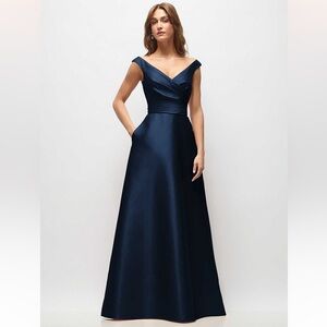 new Alfred Sung OFF-THE-SHOULDER DRAPED WRAP SATIN MAXI DRESS IN MIDNIGHT NAVY